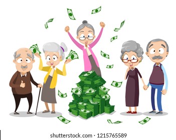 Group of aged people near big pile of money. Happy lifestyle and wealth in old age. Retirement savings and financial success vector illustration. Lottery winners with money. Elderly people characters