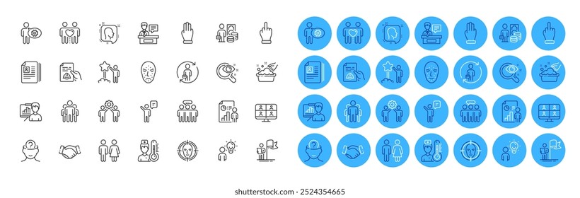 Gruppe, Agent und Thermometer Line Icons Pack. Mitarbeitergruppe, Kopf, Zahnrad-Websymbol. Handwäsche, Gesichtsbiometrie, Drei-Finger-Piktogramm. Star, Handshake, Technische Dokumentation. Vektorgrafik