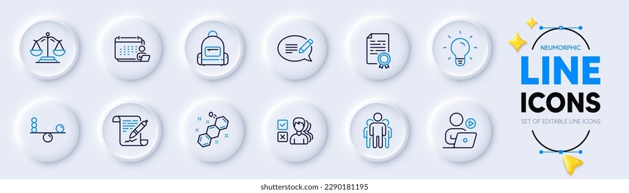 Group, Agreement document and Accounting line icons for web app. Pack of Certificate diploma, Balance, Justice scales pictogram icons. Backpack, Light bulb, Video conference signs. Vector