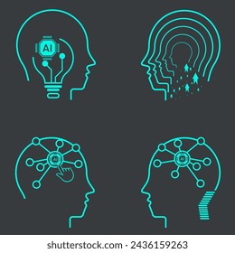 Grupo de conjuntos de iconos de IA sobre fondo oscuro. Colección de símbolos, tecnología de elementos vectoriales ilustración vectorial