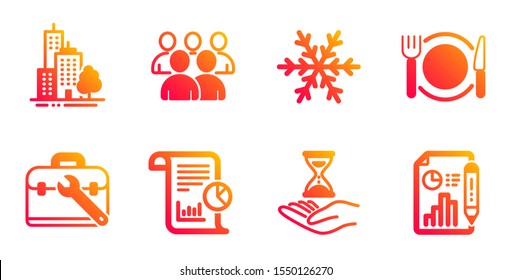 Group, Air conditioning and Restaurant food line icons set. Skyscraper buildings, Report and Time hourglass signs. Tool case, Report document symbols. Developers, Snowflake. Business set. Vector