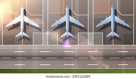 Group of aircrafts on the airport grounds, top view. Flat cartoon vector illustration