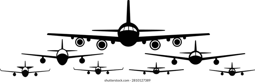 Group of airplanes flying in formation isolated on white background with airplane aviation aircraft formation transportation silhouette transport
