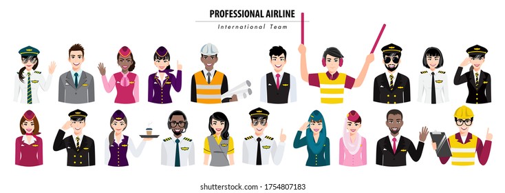 Group of airport crew poses half body banner. Team of professional airline international workers on a white background. Airline staff. Cartoon character design vector