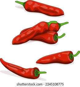 Group of Aleppo peppers. Halaby peppers. Halabe peppers. Capsicum annuum. Chili pepper. Fresh organic vegetables. Cartoon style. Vector illustration isolated on white background.