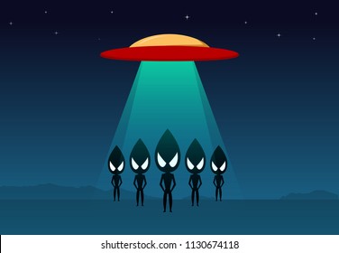 Group of alien arrived on earth by UFO, vector art