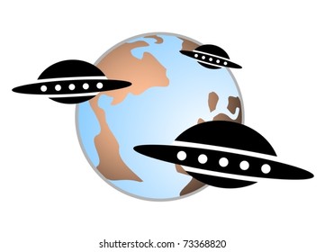 Group alien spacecraft approaching the planet earth