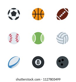 Group of all Ball sports icons set. Rugby, American football tennis, billiards, basketball, golf, volleyball, bowling ball symbols collection.