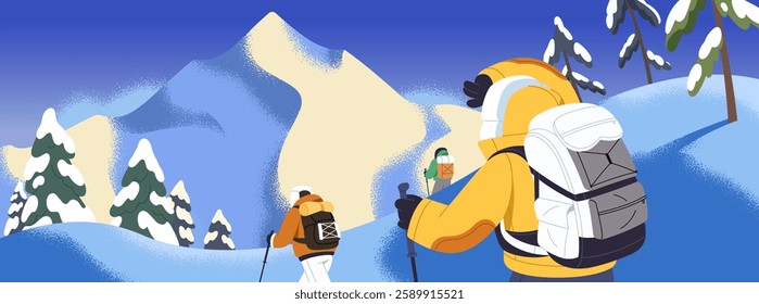 Group of alpinists is climbing snow mountain back view. Tourists hiking, mountaineering in winter. People with backpack, trekking poles travel on landscape of alpine top. Flat vector illustration