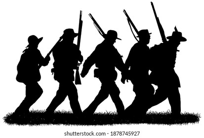 Group of American Civil war soldiers, silhouettes in black on white background, vector graphic