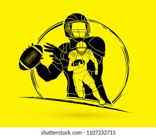 Group of American football player, Sportsman action, sport concept outline graphic vector.