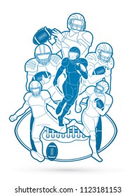 Group of American football player, Sportsman action, sport concept outline graphic vector.