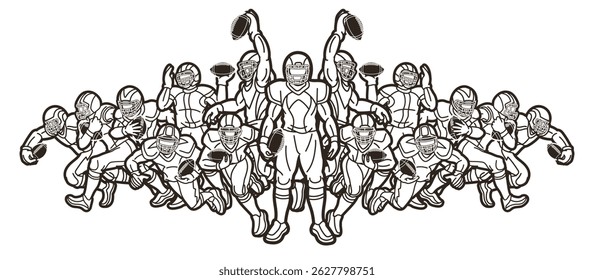 Group of American Football Team Cartoon Sport Mix Action Outline Graphic Vector
