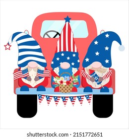 Group of American patriotic gnomes on a truck, American Patriotic Day party gnomes in USA flag colors with flowers, firework, flags in hands for Independence Day party. Vector illustration