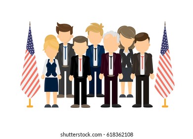 Group of american politicians standing on white background with american flags.