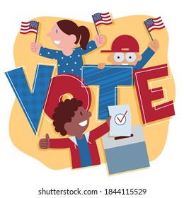 A group of Americans of all races holding flags and stuffing ballots into the ballot box above the words VOTE.  They invited them to participate in the presidential election.
