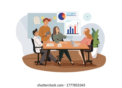 Group of analysts working on graphs. Vector Illustration concept. 