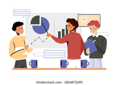 Group of analysts working on graphs  Vector Illustration concept. Flat illustration isolated on white background.