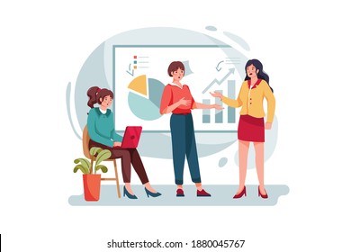 Group of analysts working on graphs Vector Illustration concept. Flat illustration isolated on white background.