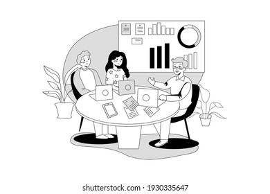 Group of analysts working on graphs . Flat illustration isolated on white background.