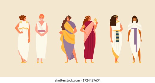 Group of ancient Greek, Roman and Egyptian women in historical costumes. Vector characters