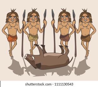 group of ancient hunters with prey, vector cartoon illustration of cavemen successful teamwork