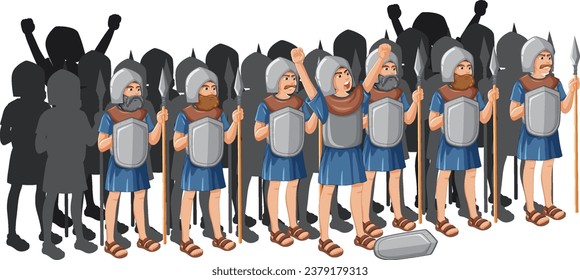 A group of ancient knights in a cartoon illustration style, armed with spears and shields