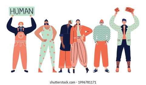 Group of androgynous transgender happy people. Gender neutrality concept, genderqueer. LGBTQ+ friendly society. Pride and freedom concept. Vector hand drawn flat illustration.