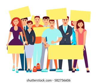 Group of angry people with placards protested. Vector illustration 