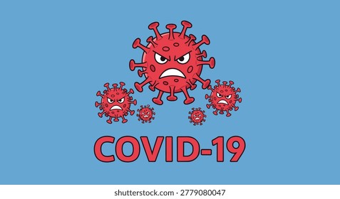 Group of angry red coronavirus characters with mean faces above the text COVID-19 on a solid light blue background for health awareness posters.