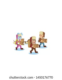 Group Of Animal Arctic Exploler Carrying Goods Isolated White