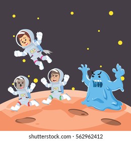 group of animal astronauts chased by slime monster