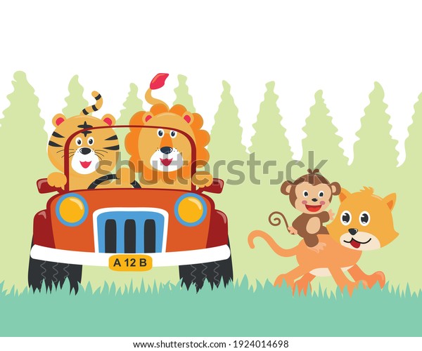 Group\
of animal cartoon having fun driving car on sunny day. Vector\
childish background for fabric textile, nursery wallpaper, card,\
poster and other decoration. Vector\
illustration.