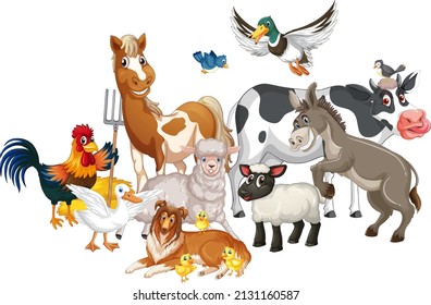 A group of animal farm on white background illustration