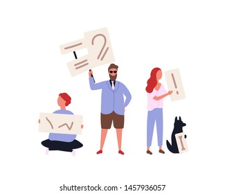 Group Of Animal Rights Activists Holding Banners And Placards. Men, Women And Dog Taking Part In Picketing, Parade, Rally, Demonstration. Protesting People. Flat Cartoon Colorful Vector Illustration.