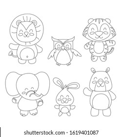 A group of animals, bear, rabbit, owl, tiger, lion and elephant - cute animals - vector - coloring page