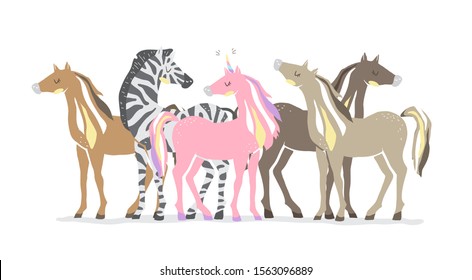Group of animals. Beautiful cute pink unicorn, zebra and horses. couple of unicorn and zebra in love. Isolated vector illustration