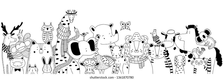 Group of animals. Black and white vector illustration. Coloring book for children and adults.
