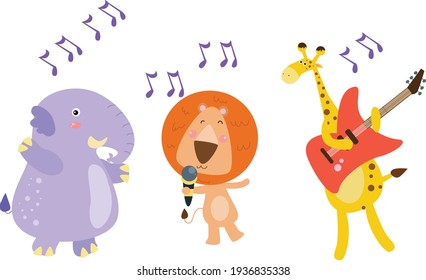 Group of animals cartoon character singing and dancing together, isolated white background