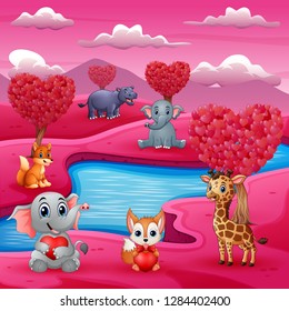 A group of animals celebrate valentines day by the river