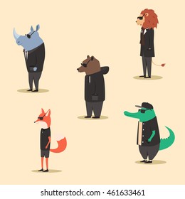 Group of animals in clothes. Casual style. Cartoon vector illustration. Anthropomorphism. Wildlife. Set of bright african animals.