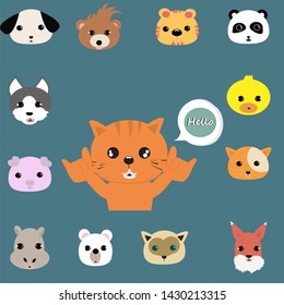 Group of animals collection flat head design icon character set. Vector illustration