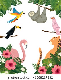 group of animals exotics with flowers and leafs vector illustration design