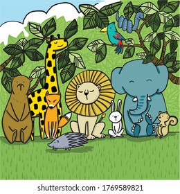 Group of animals in the forest, bear, giraffe, fox, porcupine, lion, rabbit, elephant, parrot, snake and squirrel.