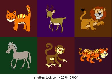 group of animals in forest lion,deer,cat,tiger,monkey,horse