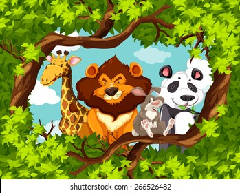 Group of animals in a frame of leaves