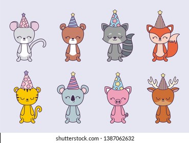 group of animals with hat party