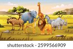 A group of animals including zebra, giraffe, lion, and elephant in the savanna under a clear sky. Vector cartoon illustration