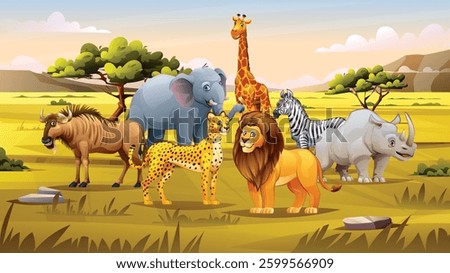 A group of animals including zebra, giraffe, lion, and elephant in the savanna under a clear sky. Vector cartoon illustration