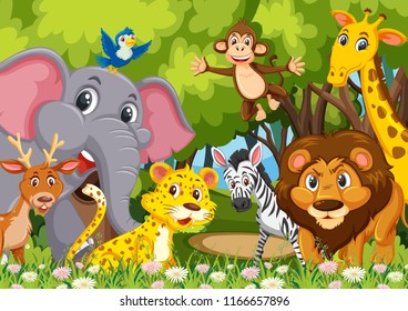 Group of animals in jungle illustration